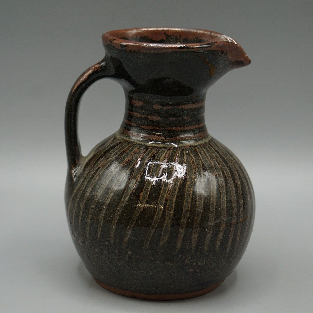 Studio Pottery Pitcher Tenmoku Iron Glaze Fluted Stoneware Signed Stamp 6"